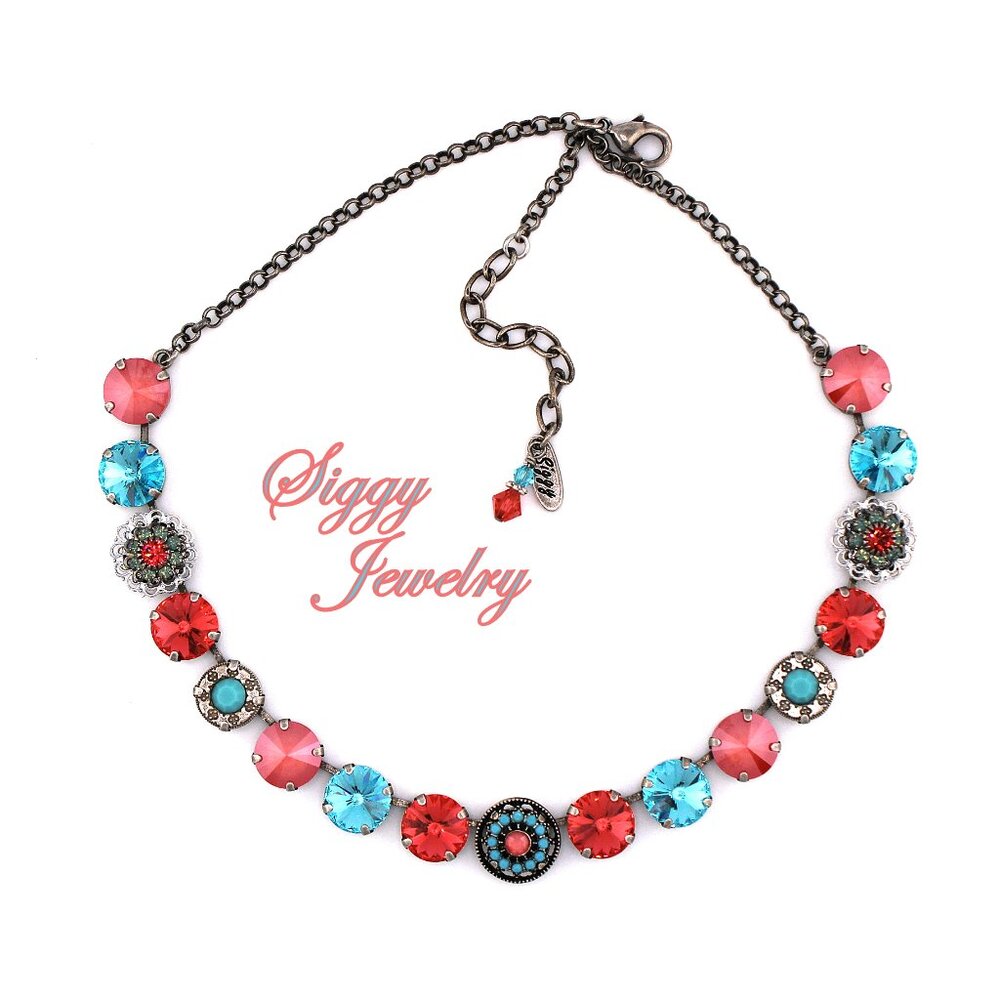 Desert Oasis Turquoise and Coral Swarovski Crystal Rivoli Statement Necklace